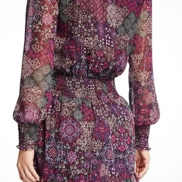 MICHAEL Michael Kors patchwork Georgette smock-waist Floral Long Sleeve Dress - Picture 3 of 14